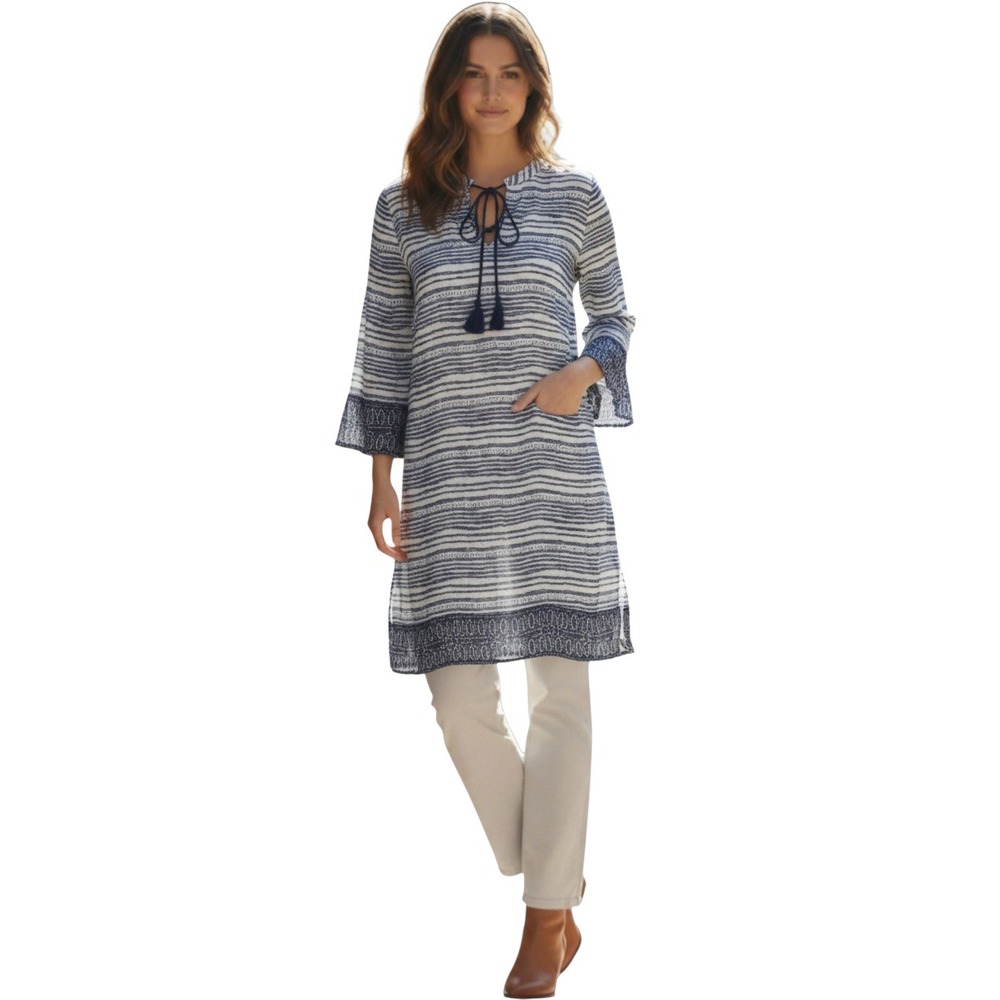 ORVIS Striped Tunic Dress Tassel Tie Neck Beach Cover Up Size S-100% Cotton NWOT